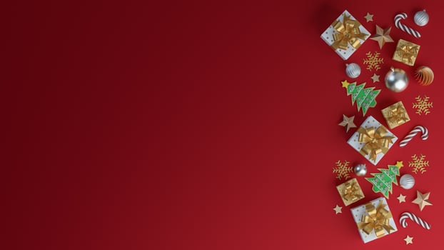 Merry Christmas and Happy New Year. Xmas Festive background with realistic objects. Holiday elements, 3d render and realism. Greeting card, banner, web poster. photo