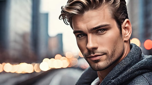 Handsome young Caucasian man with styled hair and stubble posing in urban setting with blurred city lights background, ideal for fashion and lifestyle concepts photo