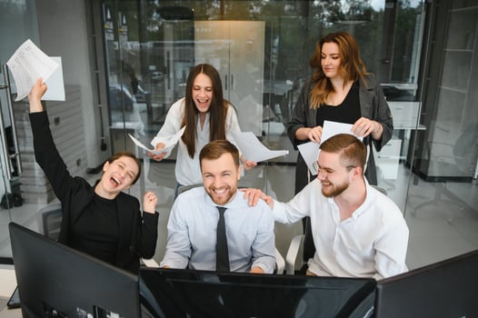 Group of businessmen and businesswomen stock brokers working at office. photo