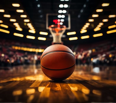 A basketball is lying on the floor in front of the basketball hoop. Basketball arena with fans photo