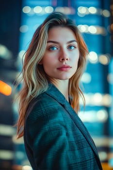 A beautiful woman in a suit standing in front of a city photo