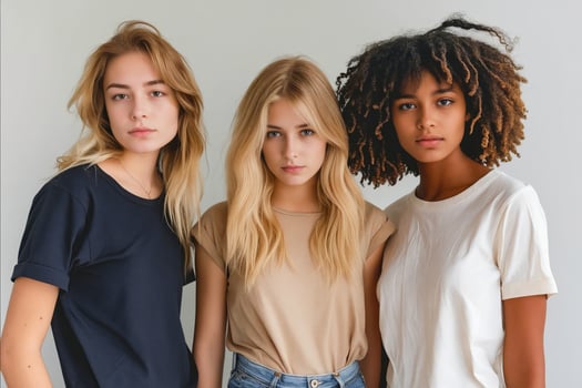 Three women with different hair colors and styles pose for a photo