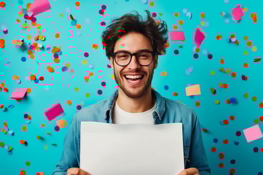 Man with glasses wears blue jacket and holds up piece of paper in front of colorful background photo