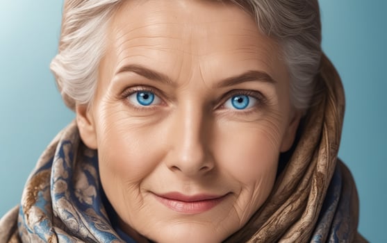 A woman with blue eyes and a smile is wearing a scarf photo