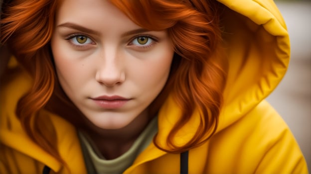 A woman with red hair and a yellow hoodie photo