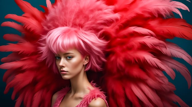 A woman with pink hair and a red feathery hat photo