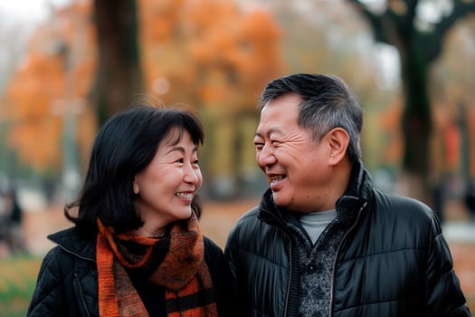 Happy elderly couple having a good time at the park. photo