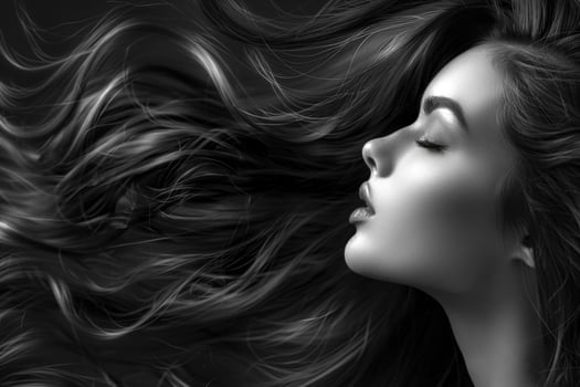 Portrait of beautiful brunette woman with long hair. Black and white. advertising of hairdressing salons, hair care products, hair coloring photo