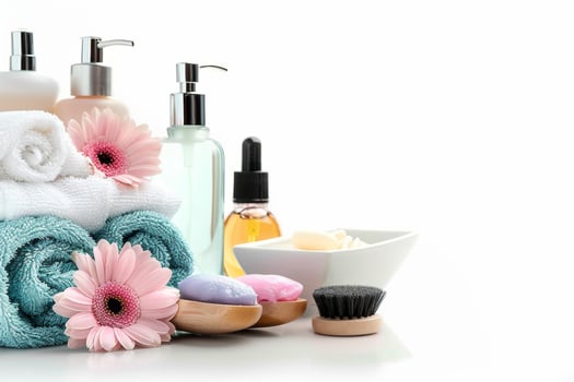 Spa still life with towels, soap and cosmetic bottles with dispenser on white background photo