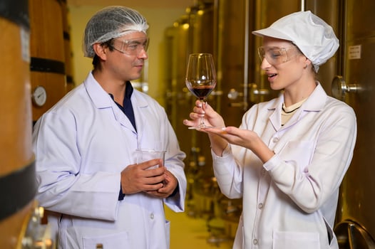 Professional winemaker controlling wine making process and quality at winery factory photo