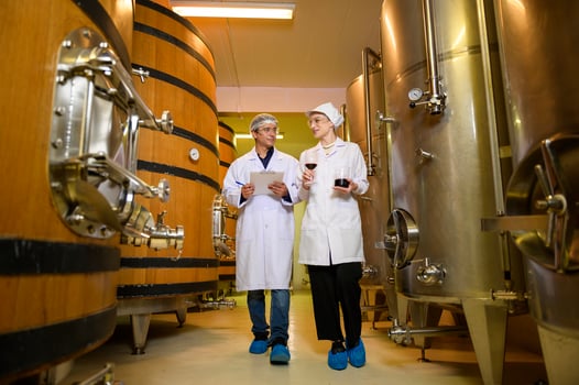 Professional winemaker controlling wine making process and quality at winery factory photo