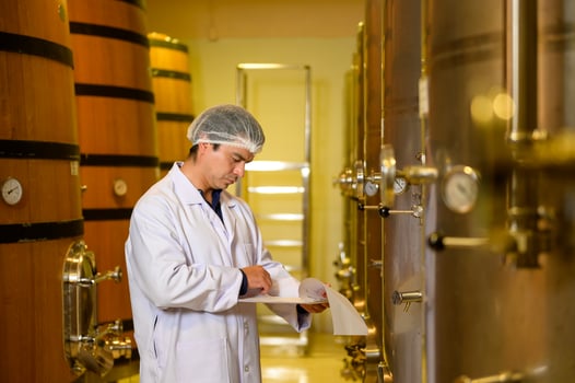 Professional winemaker controlling wine making process and quality at winery factory photo