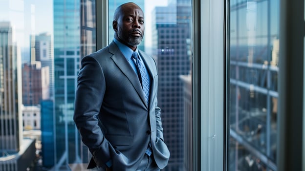 Modern businessman in office, portrait of male in suit, adult man in business setting. photo
