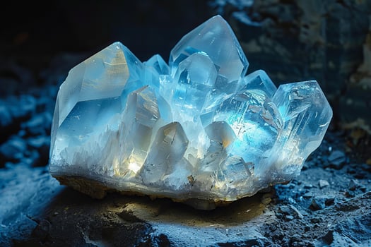 Glowing Magnesite Crystal Cluster on Dark Background photo
