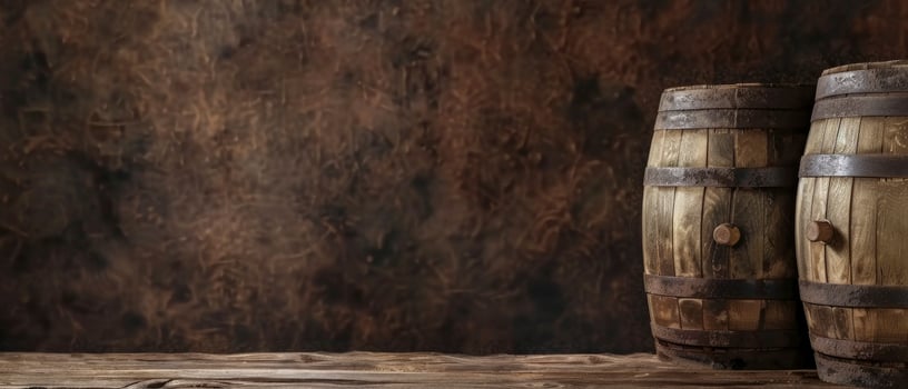 Dark brown background with two oak barrels on the right side photo