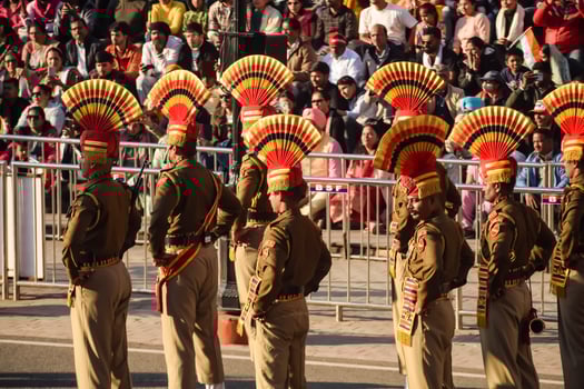 Wagah Border, Amritsar, Punjab, India, 02 February 2024 - Flag ceremony by Border Security Force BSF guards at India-Pakistan border near Attari Amritsar, Punjab, India held every day evening time photo