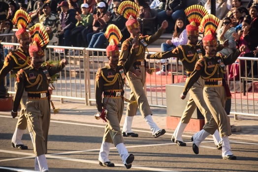 Wagah Border, Amritsar, Punjab, India, 02 February 2024 - Flag ceremony by Border Security Force BSF guards at India-Pakistan border near Attari Amritsar, Punjab, India held every day evening time photo