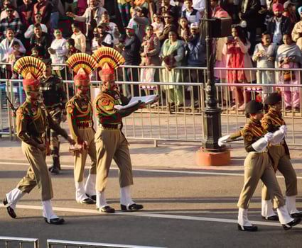 Wagah Border, Amritsar, Punjab, India, 02 February 2024 - Flag ceremony by Border Security Force BSF guards at India-Pakistan border near Attari Amritsar, Punjab, India held every day evening time photo