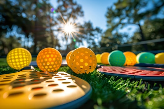 An array of colorful pickleball rackets and balls. photo