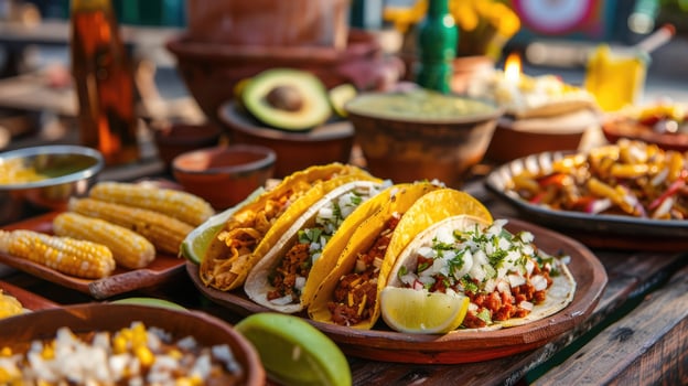 Tasty traditional Mexican Cuisine. Delicious tacos corn avocado ingredient on plate on wooden rustic table. Street fast food photo