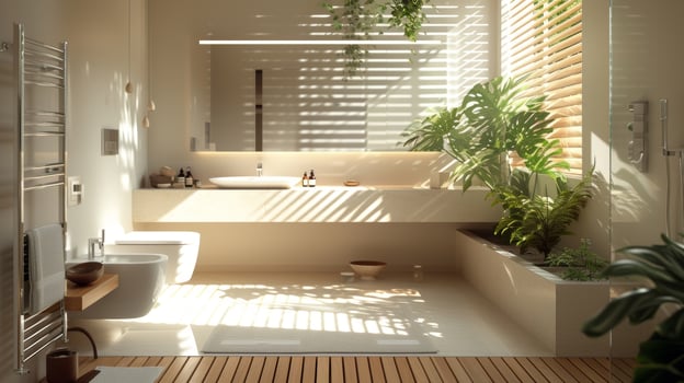 A minimalist bathroom with a monochromatic color scheme and a floating shelf vanity highlighting a chrome grab bar next to the for added peace of mind photo