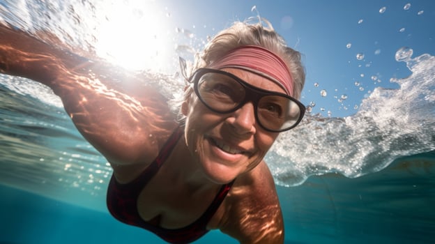 A senior woman glides through the water her sleek swim attire and toned muscles proof of the benefits of swimming in retirement photo