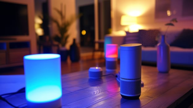 A series of photos showcasing the various voice commands that can be used to control different elements of the home from Alexa turn on the living room lights to Hey Googl