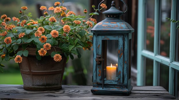 A vintageinspired lantern with a distressed finish brings a touch of nostalgia to a charming outdoor patio photo