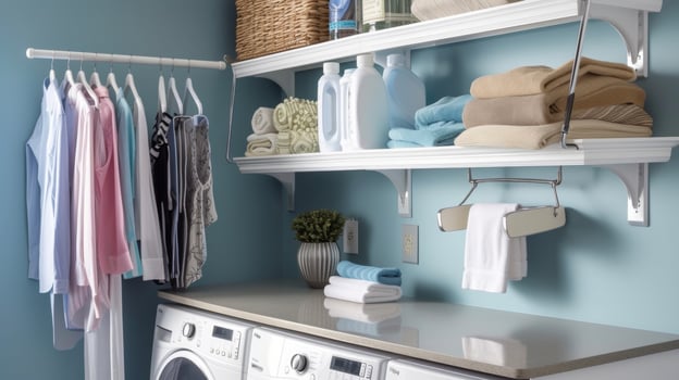 A tiny laundry room transformed into a highly efficient space with the addition of a compact folding station hanging rod and wallmounted iron holder photo