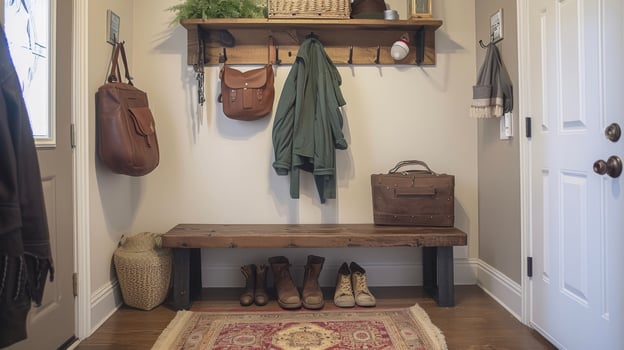 A disorganized entryway turned into a welcoming and functional space with the addition of a coat rack shoe storage bench and decorative wall shelf for keys and mail photo