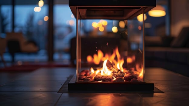 Illuminated by the soft glow of the fire the minimalist fireplace creates a cozy and intimate atmosphere in the midst of the bustling city. 2d flat cartoon photo