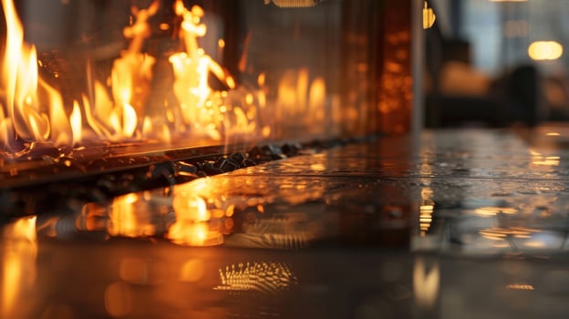 The heat from the fire dances against the shiny surfaces of the reflective fireplace surround. 2d flat cartoon photo