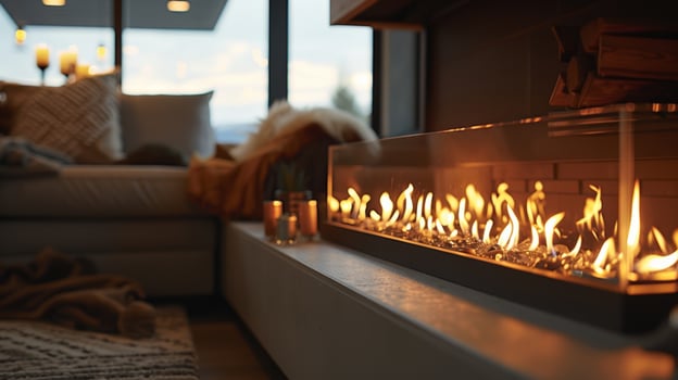 Soft and ambient lighting radiates from the linear gas fireplace creating a cozy and inviting ambiance in the room. 2d flat cartoon photo