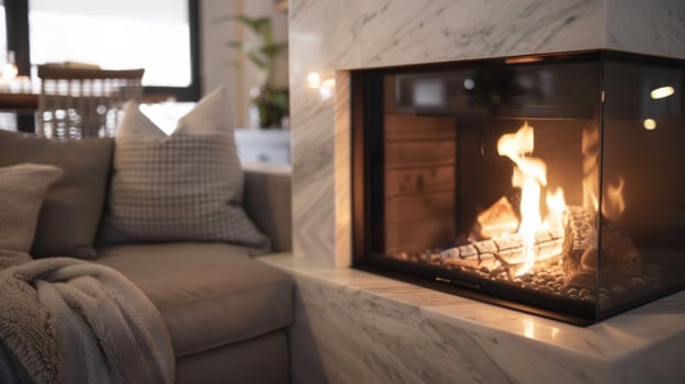 The beautiful marble finish of the compact corner fireplace adds a touch of luxury to this living room space. 2d flat cartoon photo