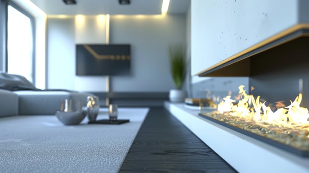A minimalist fireplace design occupies the feature wall its sharp lines and clean white finish creating a contemporary ambiance in the lounge. 2d flat cartoon photo