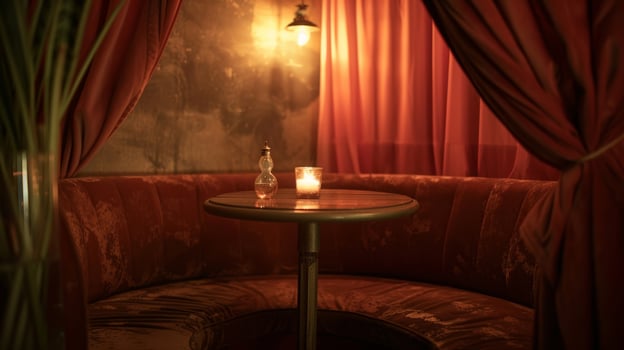 A cozy corner booth with a small table adorned with a flickering candle and a plush velvet curtain providing privacy. 2d flat cartoon photo