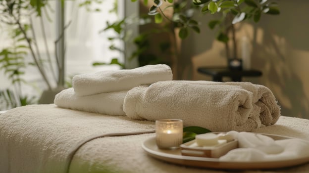 The soft fluffy pillows and blankets on the comfortable massage table invite you to sink into blissful tranquility. 2d flat cartoon photo