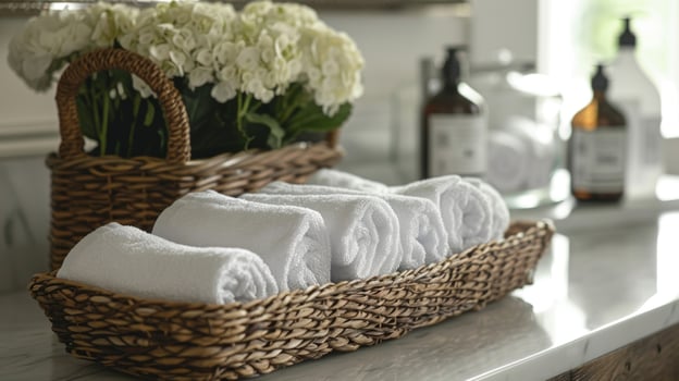 A basket of hot towels infused with fragrant oils waits nearby ready to soothe and rejuvenate your senses. 2d flat cartoon photo