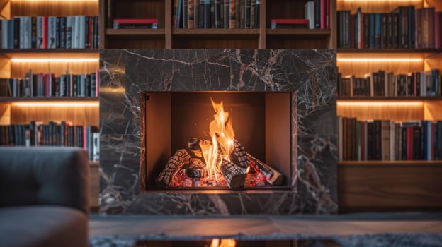 A contemporary take on a classic fireplace with sleek marble surround and integrated bookshelves on either side. The crackling fire adds a touch of charm to the otherwise 2d flat cartoon photo