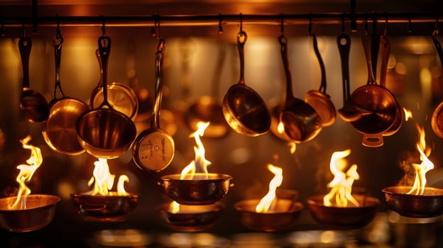 The flames of the candles reflect off of the shiny pots and pans hanging from the ceiling adding to the magical atmosphere of the class. 2d flat cartoon photo