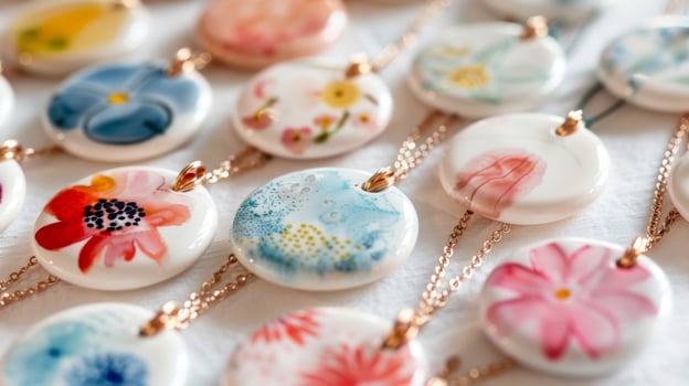 A collection of delicate ceramic pendants featuring handpainted watercolor designs and finished with a glossy resin coating. photo
