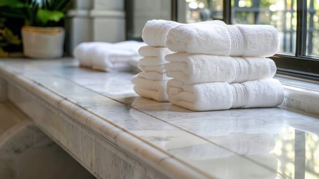 Plush oversized towels neatly folded on marble benches for guests to relax on. photo