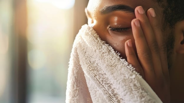 A person holding a towel to their face breathing in the eucalyptus or lavender oils added to the sauna promoting relaxation and stress relief for joint health. photo
