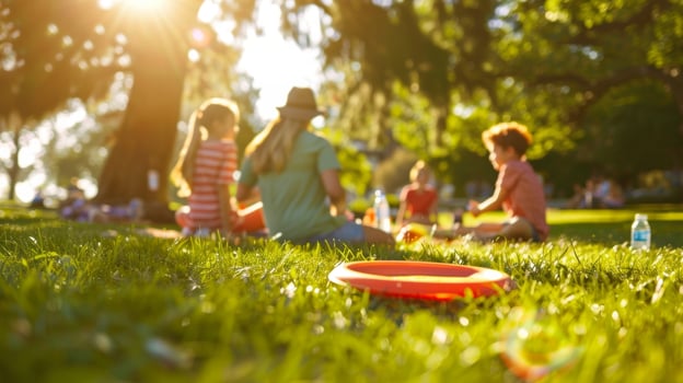 A family picnic in the park with healthy snacks and water bottles tered around as family members engage in a game of frisbee photo