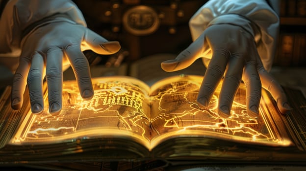 A pair of whitegloved hands delicately flipping through pages of a gildedbound comic book photo