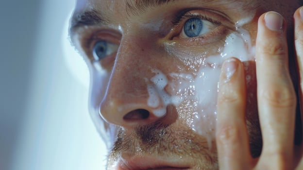 He then squeezes a small amount of moisturizer onto his fingertips and rubs it into his face in upward motions photo
