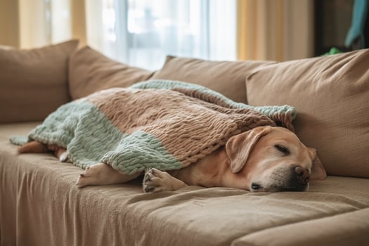 adorable dog labrador sleeps on the couch at home, covered with a blanket. home, comfort, family photo