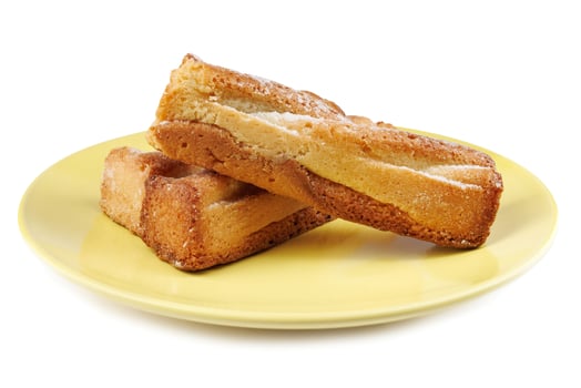 Several delicious crispy cookies lying on a yellow plate isolated on a white background. photo