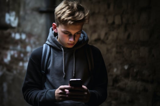 A happy teenage boy with his smartphone. AI generativ photo