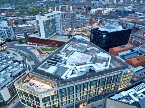 Beautiful Aerial View of Sheffield City Centre at Just After Sunset. England United Kingdom. April 29th, 2024 photo